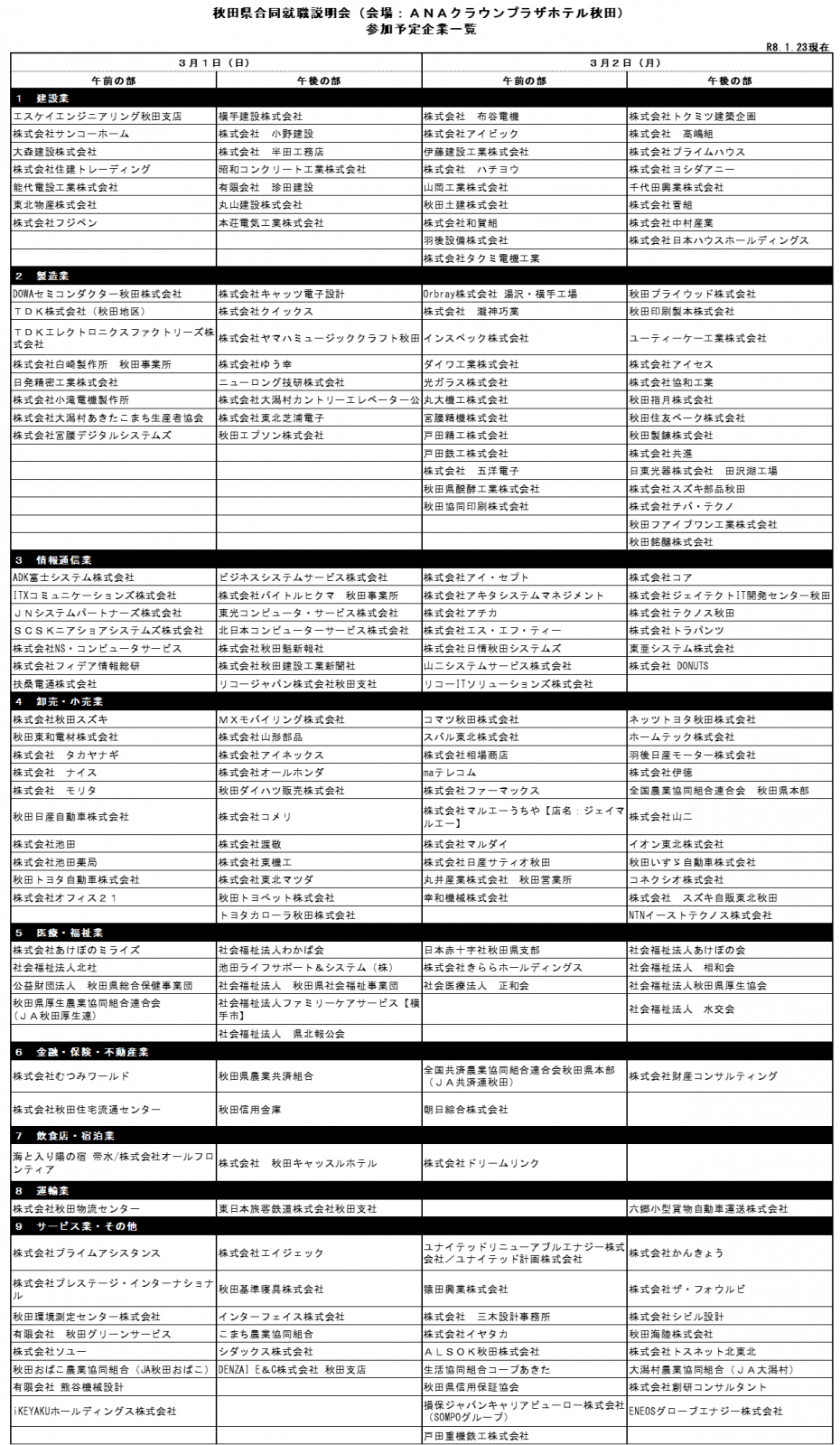 秋田県合同就職説明会（秋田会場）参加企業（0123更新）[926KB]
